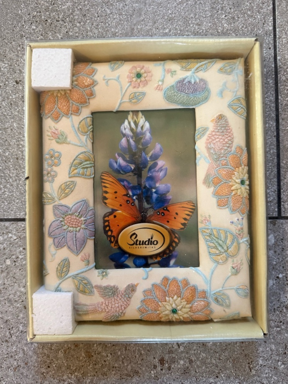 Studio Silversmiths Embroidered look Floral Bird Picture Frame Textured Fabric